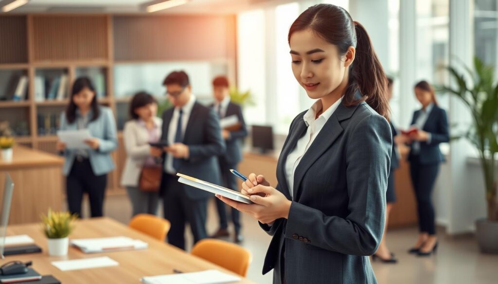 A bustling office scene, illuminated by warm, natural lighting. In the foreground, a poised and professional young Japanese woman in a crisp, tailored suit stands at a desk, diligently taking notes on a tablet. Behind her, several colleagues in a variety of roles - an executive reviewing documents, an assistant arranging files, and a receptionist greeting visitors - all working in harmony to support the smooth operation of the office. The scene conveys a sense of efficiency, collaboration, and the versatile nature of the secretary's responsibilities within a thriving, modern business environment.