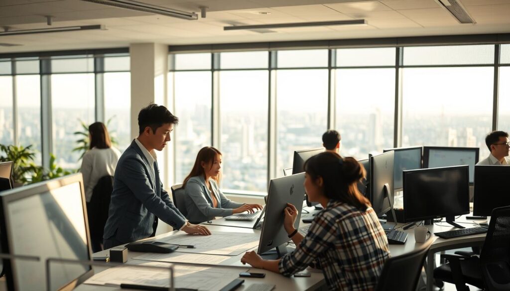 A bustling office scene of a modern agricultural civil engineering consultancy, with a team of young, Japanese-looking professionals collaborating at their desks. Soft, natural lighting filters through large windows, casting a warm glow over the workspace. Architectural plans, computer screens, and technical equipment fill the foreground, while the background features a cityscape visible through the windows, hinting at the diverse range of projects the consultancy undertakes. The atmosphere is focused yet relaxed, conveying the expertise and diligence of the consultants as they tackle the challenges of sustainable agricultural infrastructure development.