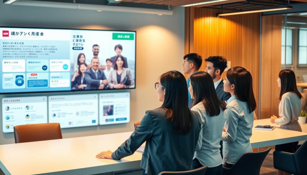 A bustling office scene showcases the unique features of a job placement agency website. In the foreground, a group of young, professional-looking Japanese individuals gather around a sleek, modern desk, discussing potential career opportunities. The middle ground reveals a dynamic display of job listings and company profiles, presented with a clean, user-friendly interface. In the background, a wall-mounted screen showcases the agency's vast network of employer partnerships, creating a sense of connectivity and opportunity. The lighting is warm and inviting, with a subtle focus on the human elements, conveying the personalized nature of the job placement service. The overall atmosphere exudes a sense of optimism and the promise of a successful career transition.