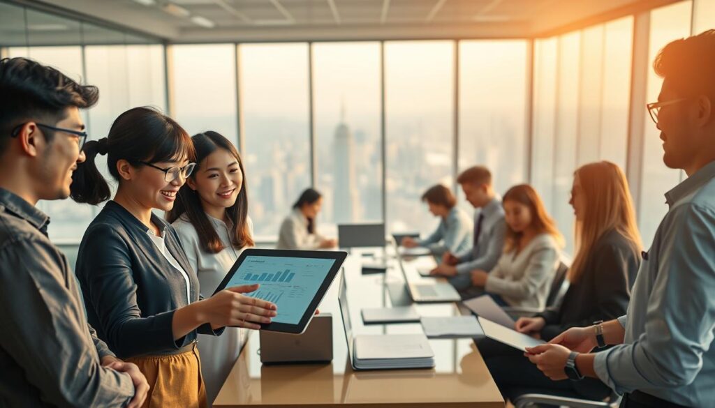 A bustling office scene showcasing a diverse team of international fundraisers, all with a youthful, Japanese-inspired appearance. The foreground features three colleagues engaged in a lively discussion, their expressions animated as they review data on a sleek, touchscreen display. The middle ground reveals a larger group collaborating around a conference table, laptops and documents spread out before them. In the background, an expansive window offers a breathtaking cityscape, hinting at the global nature of their work. Soft, directional lighting casts a warm, professional glow, creating a sense of productivity and camaraderie. The overall atmosphere conveys the dynamic, cross-cultural nature of modern fundraising practices.