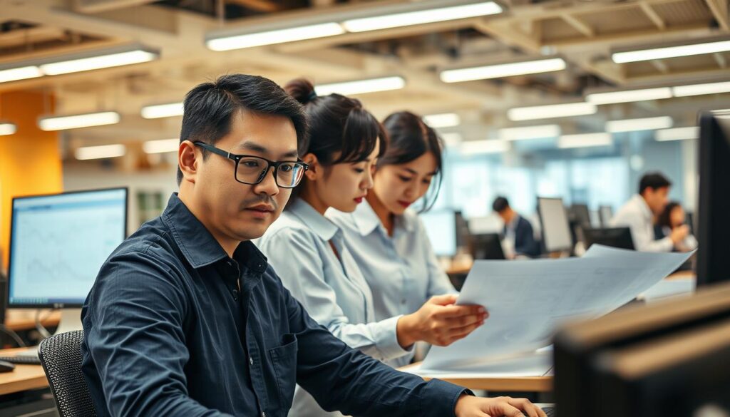 A bustling office scene, showcasing a group of young, Japanese-looking engineers immersed in their work. The foreground features a male engineer, bespectacled, intently studying financial reports on his computer screen, his expression one of deep concentration. In the middle ground, two female engineers collaborate, their heads bent together over a technical diagram, their postures conveying a sense of professional discussion. The background depicts an open-plan office space, with more engineers at their desks, the warm glow of task lighting and the hum of activity creating a productive atmosphere. The scene is captured with a realistic photographic quality, utilizing natural lighting and a shallow depth of field to draw the viewer's attention to the central figures.