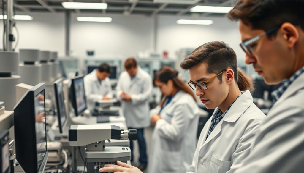 A bustling office scene showcasing the career progression of a meticulous quality control inspector. In the foreground, a young professional, dressed in a crisp white lab coat, carefully examines a precision instrument, their brow furrowed in concentration. In the middle ground, seasoned inspectors huddle around a computer screen, analyzing data and conferring on quality assurance protocols. The background is filled with the sleek, modern trappings of a state-of-the-art testing facility - gleaming stainless steel equipment, neatly organized workstations, and the hum of industrious activity. Soft, even lighting illuminates the scene, casting a professional, technical atmosphere. The overall mood conveys the importance and specialized nature of the quality control inspector's role, as well as the opportunities for growth and advancement within this dynamic field.