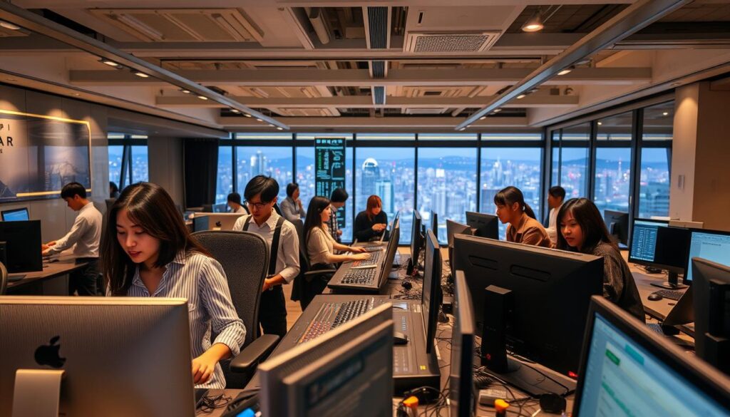 A bustling office scene, showcasing the diverse career opportunities for MA mixer professionals. In the foreground, a team of young, stylish Japanese individuals collaborate at sleek workstations, their faces reflecting deep concentration as they manipulate audio equipment and software. The middle ground reveals a modern, open-concept workspace bathed in warm, directional lighting, conveying a sense of productivity and innovation. In the background, floor-to-ceiling windows offer a panoramic view of a vibrant cityscape, hinting at the vast industries and clientele that MA mixers can serve. The overall atmosphere exudes a blend of technical expertise, creativity, and a dynamic, forward-thinking work environment.