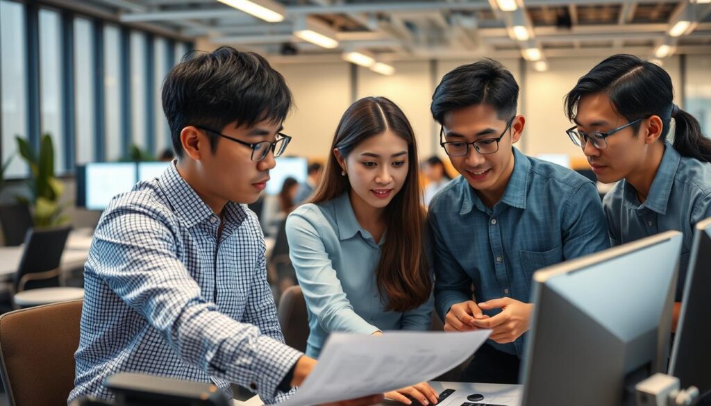 A bustling office scene showcasing the diverse career paths of geological consultants. In the foreground, a group of young Japanese professionals huddle around a computer, poring over geological survey data. Their faces are focused, brows furrowed in concentration. In the middle ground, another team gathers around a conference table, discussing project plans and strategy. The background is filled with the trappings of a modern, well-equipped consultancy - sleek furniture, floor-to-ceiling windows, and the faint glow of computer screens. Soft, warm lighting casts a professional, collaborative atmosphere throughout the scene. The overall mood is one of productivity, innovation, and the pursuit of cutting-edge geological solutions.
