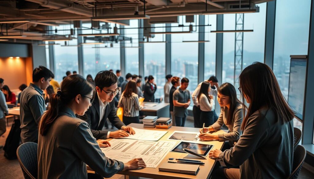 A bustling office scene showcasing the diverse expertise of a leading construction consultancy firm. In the foreground, a team of young, focused professionals - Japanese in appearance - huddle around a table, poring over blueprints and digital renderings. Ambient lighting casts a warm glow, creating a sense of collaborative energy. In the middle ground, other team members confer in small groups, discussing project timelines and budgets. The background reveals a panoramic view of the city skyline, highlighting the firm's prominent role in shaping the built environment. The overall atmosphere conveys the comprehensive services and technical prowess of this esteemed construction consultancy.
