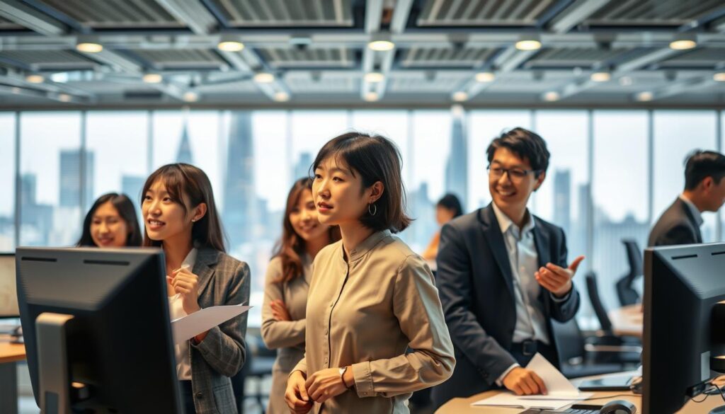 A bustling office scene showcasing the dynamic nature of the compensation consulting industry. In the foreground, a group of young, professional-looking Japanese individuals engage in animated discussions, their expressions thoughtful and determined. The middle ground features advanced computer systems and paperwork, hinting at the analytical and technical aspects of the work. In the background, a sleek, modern skyline with towering skyscrapers reflects the industry's growth and future potential. The scene is illuminated by warm, diffused lighting, creating a sense of productivity and optimism. The overall atmosphere conveys the excitement and promise of a thriving compensation consulting sector.