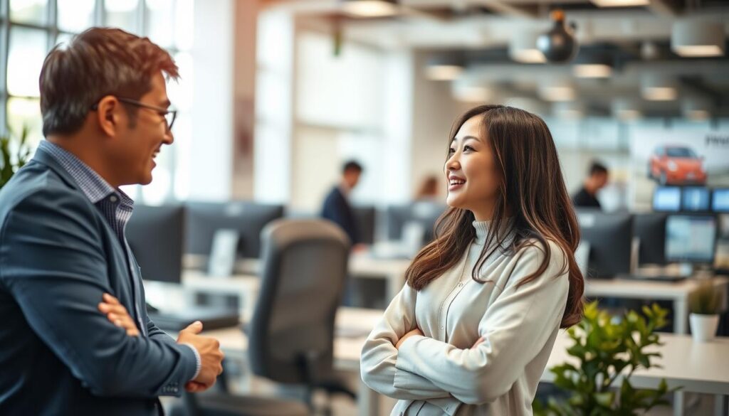 A bustling office scene showcasing the importance of customer relationship building. In the foreground, two young Japanese-looking professionals, a man and a woman, engage in a lively discussion, their expressions warm and attentive. The middle ground features a modern, well-lit workspace with sleek desks, computer screens, and subtle decor, creating a professional yet inviting atmosphere. The background blurs softly, hinting at the broader context of the dealership business. Soft, natural lighting casts a pleasant glow, and the composition draws the viewer's eye to the central figures, emphasizing the human connection at the heart of effective customer relations.