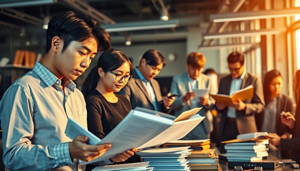 A bustling office scene, showcasing the intricate workflow of a diligent buyer. In the foreground, a young Japanese-looking professional pores over a stack of documents, deeply engaged in market analysis. Beside them, a colleague reviews product samples, meticulously inspecting quality and pricing. In the middle ground, a team collaborates on budget proposals and contract negotiations, their expressions focused and determined. The background is filled with a modern, well-lit workspace, with sleek technology and organizational systems supporting the buyer's decision-making process. Warm, natural lighting casts a professional, efficient atmosphere, reflecting the precision and dedication required in this role.