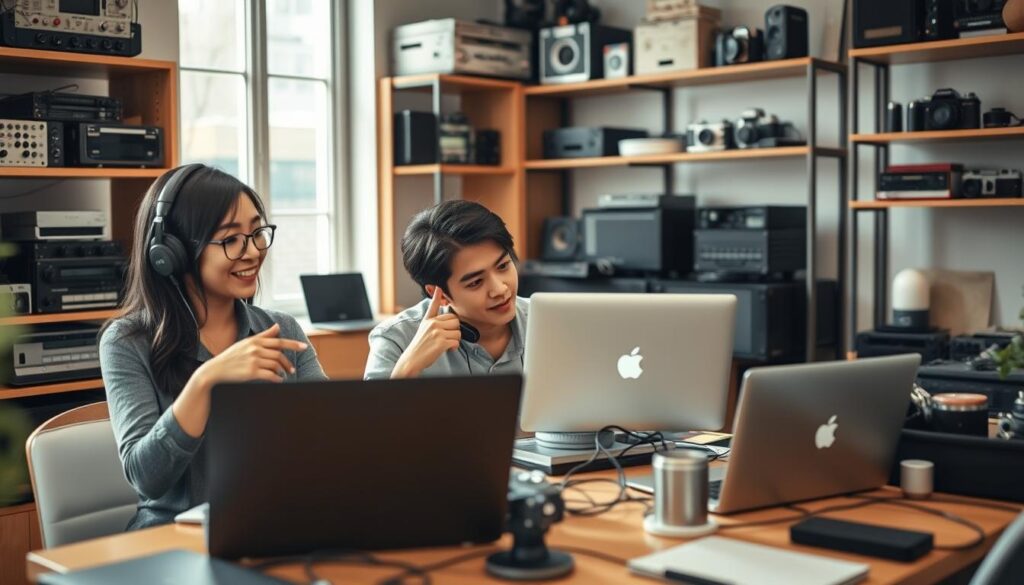 A bustling office scene, where three young, Japanese-looking professionals collaborate on their laptops, surrounded by shelves of analog audio equipment and vintage cameras. Soft, natural lighting filters through the windows, casting a warm glow on the scene. The models exude a sense of focused, entrepreneurial energy as they discuss their freelance strategy, with gestures and expressions that convey their passion for the craft of sound recording and photography. The atmosphere is one of creativity, innovation, and the excitement of forging their own path as independent professionals.
