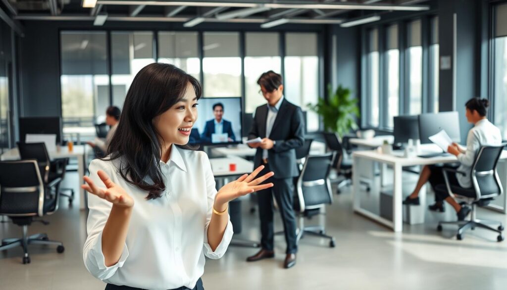 A bustling office scene with a group of young, Japanese-looking interpreters engaged in their work. The foreground features a woman in a crisp white blouse and navy skirt, gesturing animatedly as she translates for a client on a video call. In the middle ground, a male interpreter reviews documents while another takes notes. The background showcases a modern, minimalist workspace with sleek desks, ergonomic chairs, and large windows flooding the room with natural light. The overall atmosphere conveys the professional and dynamic nature of the interpreting industry, capturing the day-to-day activities and diverse employment options available to skilled linguists.