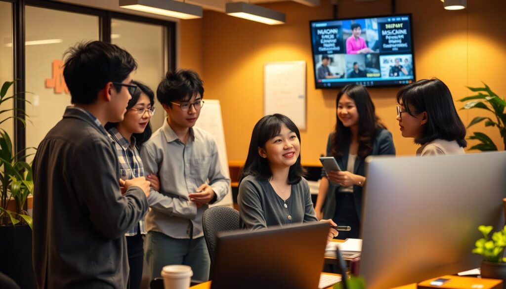 A bustling office scene with a group of young, Japanese-looking professionals engaged in a lively discussion. The lighting is warm and inviting, creating a cozy atmosphere. In the foreground, a female game writer sits at her desk, contemplating her next career move, surrounded by colleagues offering advice and support. The middle ground features a whiteboard with notes and ideas, hinting at the creative process. In the background, a wall-mounted monitor displays industry news and insights, guiding the conversation. The overall mood is one of thoughtful consideration and collaborative problem-solving, capturing the essence of the "Advice for Game Writer Careers" section.