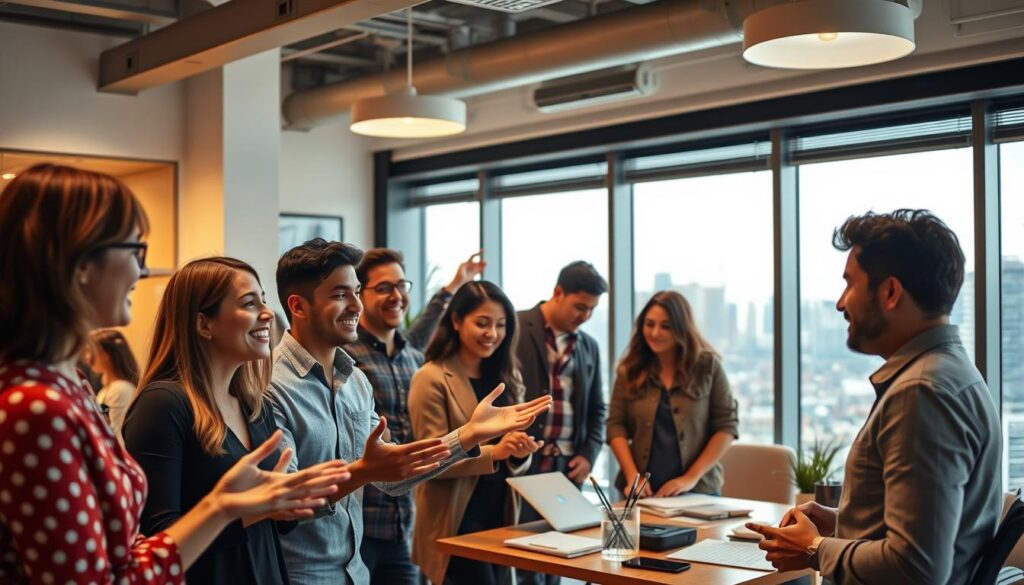 A bustling office scene with a group of young, dynamic professionals engaged in lively discussions. The lighting is soft and warm, creating a cozy atmosphere that exudes a sense of optimism and opportunity. In the foreground, several individuals are gesturing animatedly, their faces filled with enthusiasm as they explore the potential of their careers as Fellows. The middle ground showcases a diverse team collaborating on a project, their expressions focused and determined. In the background, a large window overlooking a vibrant cityscape provides a glimpse of the broader prospects and growth opportunities awaiting these talented individuals. The overall scene conveys a sense of collaborative synergy, professional fulfillment, and a promising future for the Fellows.