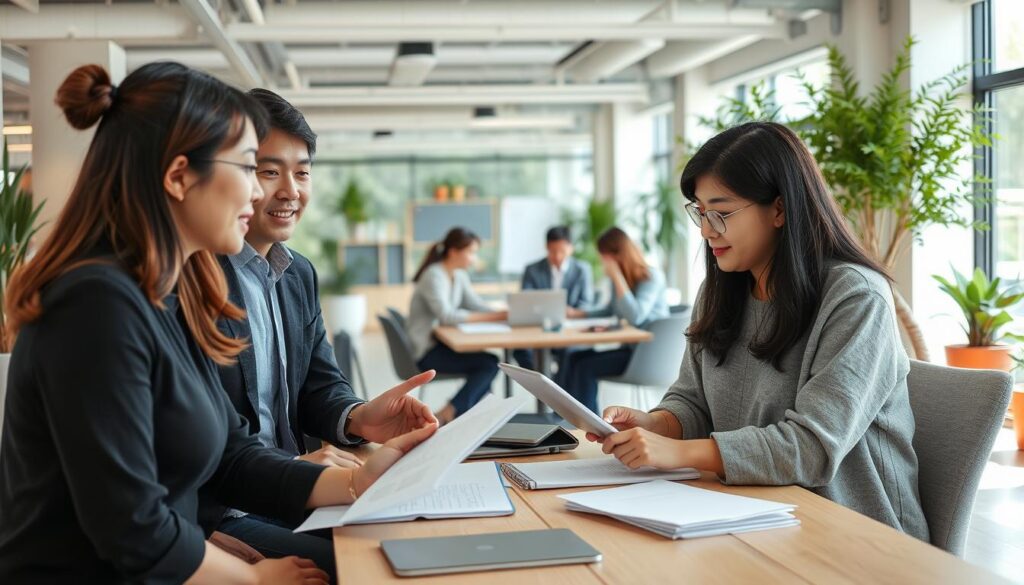 A bustling office scene with a group of young, professional Japanese-looking counselors collaborating intently. The foreground features two counselors engaged in a lively discussion, their body language and facial expressions conveying a sense of teamwork and problem-solving. In the middle ground, a team meeting is underway, with several counselors gathered around a table, laptops open and papers scattered, suggesting an atmosphere of focused productivity. The background showcases an open-concept workspace with modern furnishings, abundant natural lighting, and potted plants, creating a calming, yet energetic ambiance. The overall scene captures the essence of workplace connectivity and camaraderie among the counseling team.