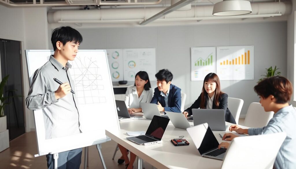 A bustling office scene with a team of young, Japanese-looking consultants diligently working on their schedules. In the foreground, a consultant stands at a whiteboard, marker in hand, outlining the day's plans. Their colleagues sit around a large conference table, laptops open, deep in discussion. The lighting is bright and natural, lending a sense of focus and productivity. The room is adorned with sleek, modern furniture, and the walls are lined with charts and graphs, reflecting the analytical nature of their work. The atmosphere is one of concentration and collaboration, capturing the essence of a consultant's daily routine.
