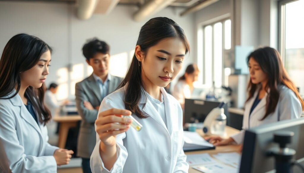 A bustling office scene with a team of young, Japanese-looking professionals conducting odor assessments. In the foreground, a calm, focused woman in a lab coat meticulously examines a sample, her brow furrowed in concentration. Her colleagues, clad in similar attire, gather around a table, intently studying readouts and charts. Warm, natural lighting floods the room, casting a professional, clinical atmosphere. In the background, various analytical instruments and equipment hint at the technical nature of their work. An air of diligence and expertise permeates the space as they carry out their important duties as odor assessors.