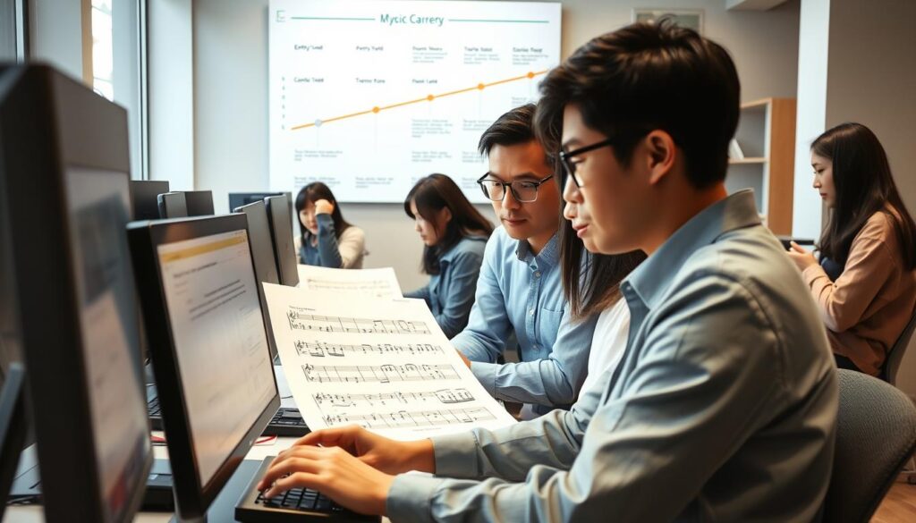 A bustling office scene, with a team of young, dynamic Japanese-looking individuals focused intently on their work. In the foreground, a skilled typesetter meticulously arranges musical notation on a computer screen, their fingers dancing across the keyboard with precision. In the middle ground, a project manager oversees the workflow, offering guidance and feedback to the team. In the background, a wall-mounted display showcases various career trajectories, highlighting the progression from entry-level to senior roles within the field of music engraving. Soft, natural lighting filters in through large windows, creating a serene and professional atmosphere. The overall scene conveys a sense of purpose, collaboration, and a clear pathway for career advancement in this specialized discipline.