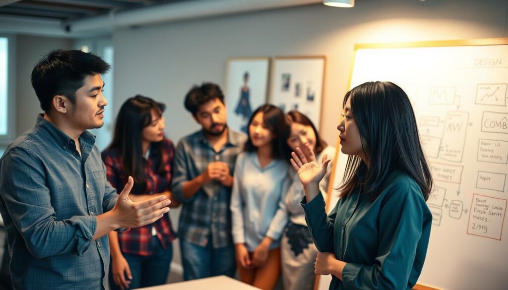 A bustling office scene, with a team of young, focused design professionals collaborating on a project. In the foreground, a confident, black-haired Japanese-looking design producer is presenting their ideas to the group, gesturing passionately. Behind them, the team members, also youthful and diverse, lean in attentively, exchanging ideas and sketching on a large whiteboard. Soft, warm lighting illuminates the scene, creating a dynamic and productive atmosphere. The camera angle is slightly elevated, capturing the energy and momentum of the design process. This image conveys the vibrant career path and growth potential of a design producer in the Japanese creative industry.