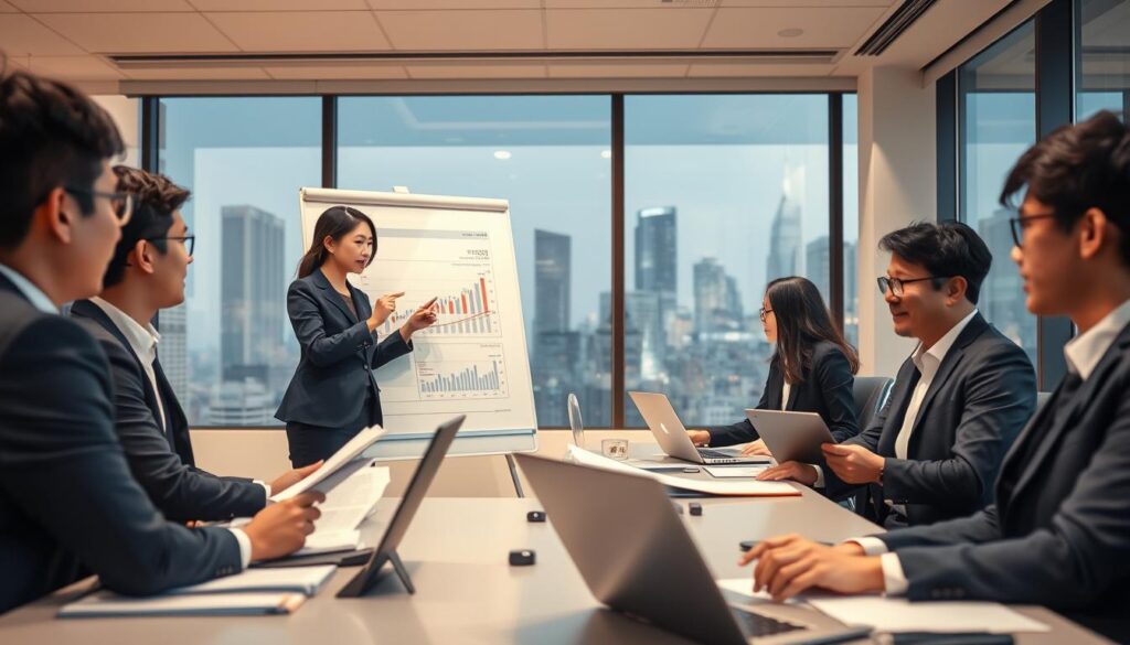 A bustling office scene with a team of young, professional-looking Japanese analysts immersed in their work. In the foreground, a woman in a sleek, navy blue suit stands at a whiteboard, gesturing with a pointer as she explains a complex financial chart to her colleagues. Around her, the other analysts sit at their desks, intently studying reports and laptops, their faces filled with focus and determination. Soft, warm lighting illuminates the space, creating an atmosphere of productivity and diligence. In the background, the city skyline is visible through the large windows, hinting at the broader financial landscape these analysts navigate. The scene conveys the dynamic, fast-paced nature of a securities analyst's career path and the opportunities for growth and advancement within this field.
