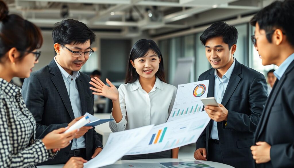 A bustling office scene with a team of young, professional-looking Japanese consultants collaborating on a project. The focal point is a woman in the center, gesturing animatedly as she explains charts and diagrams on a large display. Her colleagues listen intently, taking notes and providing input. The lighting is bright and natural, creating a sense of productivity and engagement. The background features modern office furnishings and equipment, conveying the high-tech, dynamic nature of the compensation consulting industry. The overall mood is one of forward momentum, as the team works together to chart the career development of a compensation consultant.