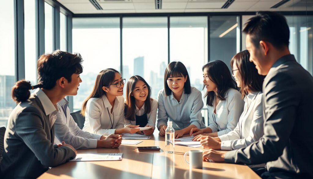 A bustling office scene with a team of young, professional-looking Japanese executives gathered around a conference table, engaged in a dynamic discussion. The lighting is warm and natural, casting a soft glow on their faces as they lean in, exchanging ideas. In the background, a modern, minimalist office space with floor-to-ceiling windows offers a glimpse of the city skyline. The atmosphere is one of collaboration, focus, and a shared sense of purpose as they navigate the latest trends and challenges in the field of general management.