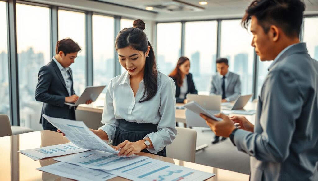 A bustling office scene, with a team of young, professional-looking fund managers engrossed in their work. In the foreground, a clean-cut Japanese woman in a crisp white blouse and dark skirt reviews financial documents, her brow furrowed in concentration. Her colleagues, also of Japanese descent, surround a large table, laptops and charts spread out before them, deep in discussion. Warm, diffused lighting casts a soft glow over the scene, emphasizing the focus and intensity of their expressions. The background is a modern, minimalist office space, with sleek furniture and floor-to-ceiling windows overlooking a city skyline. An atmosphere of diligence and expertise pervades the image, capturing the essence of a fund manager's daily responsibilities.