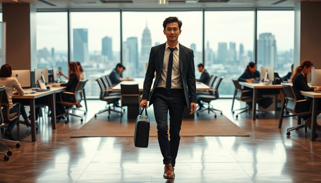 A bustling office scene, with a young, ambitious Japanese-looking executive striding confidently through the foreground, briefcase in hand. Behind them, a team of colleagues engrossed in their work, each at their own desk, creating a dynamic, collaborative atmosphere. The middle ground features a large, modern conference table surrounded by comfortable chairs, hinting at the strategic discussions and decision-making that take place. In the background, floor-to-ceiling windows offer a sweeping city skyline, symbolizing the broader scope and influence of the executive's role. Warm, directional lighting casts a professional, focused mood, while a shallow depth of field draws the viewer's attention to the central figure, their career path and growth potential.