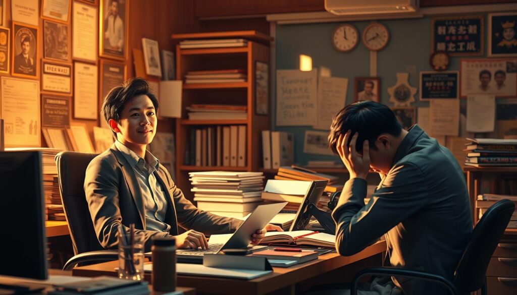 A bustling office scene, with two game scenario writers - one basking in the glow of success, the other facing the sting of failure. The victorious writer, a young Japanese man, sits confidently at his desk, surrounded by accolades and awards. Across the room, his defeated counterpart, head in hands, the weight of his project's collapse evident in his posture. Warm, natural lighting casts an air of hope and despair, a study in the highs and lows of the game writing profession. The scene invites the viewer to consider the volatile nature of this creative career, where talent and hard work can lead to both triumph and heartbreak.