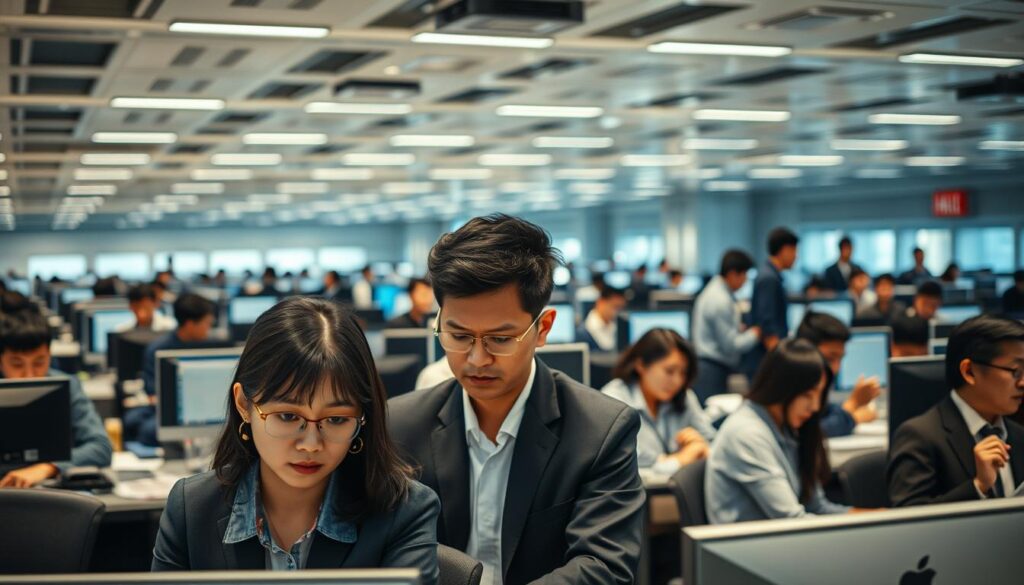 A bustling office setting filled with industrious bureaucrats, their focused expressions reflecting the gravity of their administrative duties. Rows of desks and computers in a meticulously organized layout, the soft glow of LED lighting casting a warm ambiance. In the foreground, several young Japanese-looking professionals collaborate intently, while in the background, others scrutinize documents or converse with colleagues. A sense of quiet efficiency permeates the scene, underscoring the bureaucrats' vital role in shaping policy and managing the intricate machinery of government.