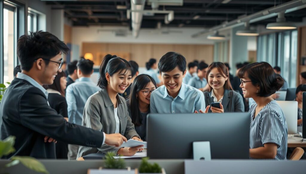 A bustling office setting, filled with the energy of young Japanese professionals engaged in lively discussions. In the foreground, a group of school administrative staff huddled around a desk, their expressions animated as they collaborate on a project. Soft, natural lighting filters in through the windows, casting a warm glow over the scene. The middle ground features colleagues exchanging ideas, their body language open and inviting. In the background, the office hums with the quiet productivity of support staff, all working harmoniously towards a common goal. The atmosphere is one of camaraderie, problem-solving, and a shared sense of purpose, capturing the essence of the school administrative staff's workplace dynamics.