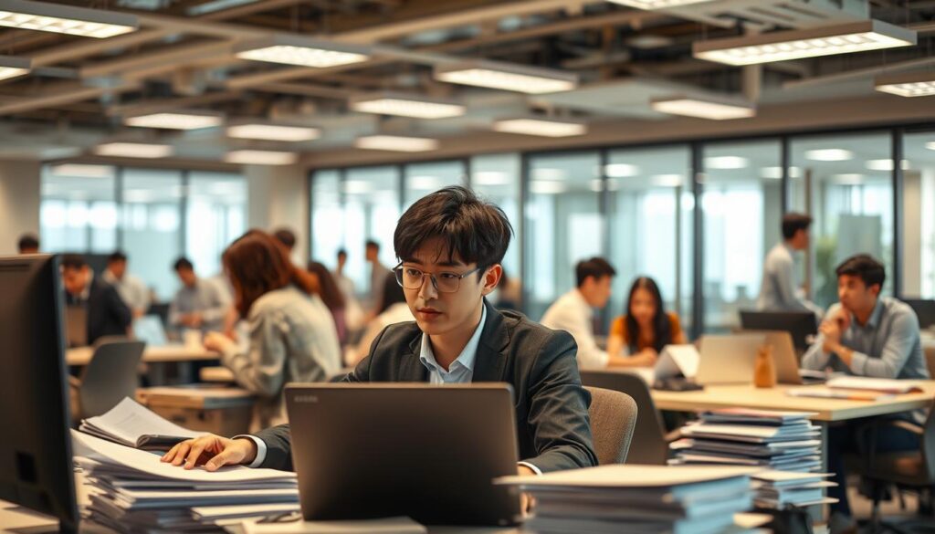 A bustling office setting, filled with young, Japanese-looking professionals hard at work. In the foreground, a focused fellow sits at a desk, surrounded by stacks of documents and a sleek laptop. Overhead, warm, diffused lighting casts a productive atmosphere. In the middle ground, colleagues collaborate at a meeting table, engaged in animated discussions. The background reveals an open-concept layout, with glass partitions allowing natural light to flood the space. The overall scene conveys the dynamic, detail-oriented nature of a fellow's daily responsibilities.