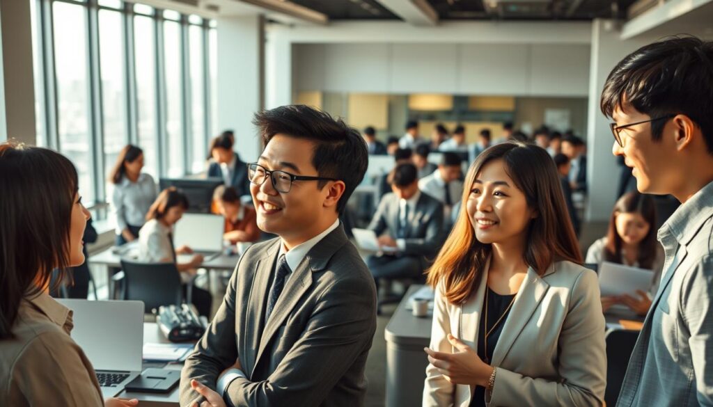 A bustling office setting, filled with young, Japanese-looking professionals in business attire. In the foreground, a group of three consultants engaged in an animated discussion, their faces illuminated by the warm, natural lighting streaming in from large windows. In the middle ground, other consultants work diligently at their desks, their focus evident in their expressions. The background features a sleek, modern corporate environment, with minimalist decor and a sense of efficiency. The overall atmosphere conveys a dynamic, collaborative workplace where career paths in management consulting are being shaped.
