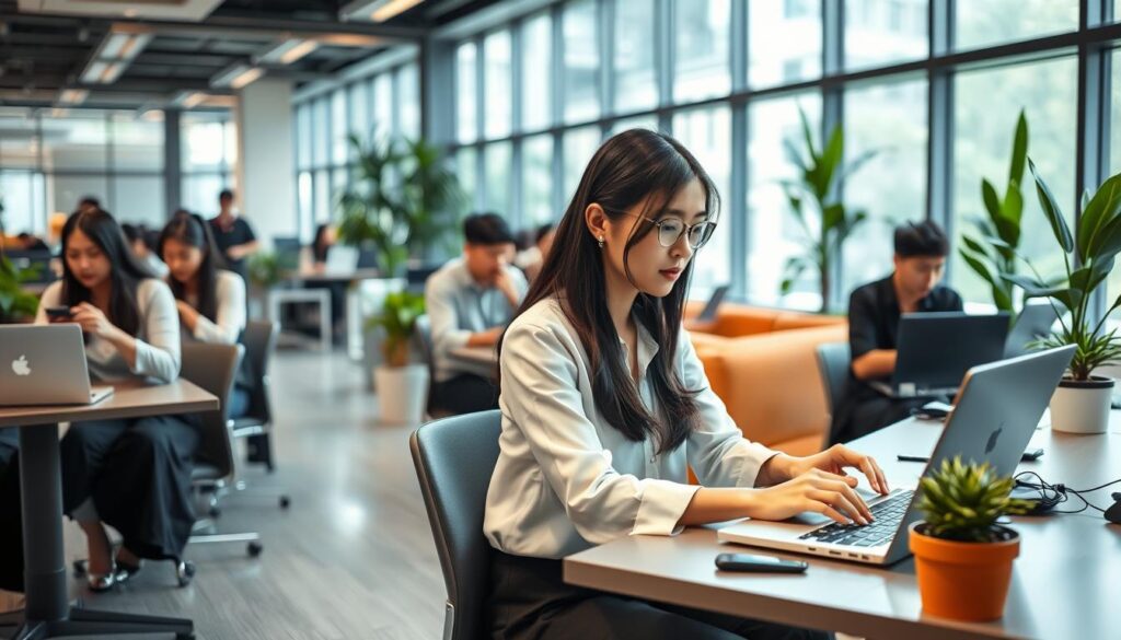 A bustling office setting, filled with young professionals of Japanese descent, focused on their laptops and mobile devices. In the foreground, a woman in a crisp white blouse and black slacks sits at her desk, her expression one of determined concentration as she types away. The background is a blend of modern furniture, potted plants, and floor-to-ceiling windows that flood the space with natural light. The atmosphere is one of productivity and drive, capturing the essence of a freelance writer's strategy to secure new work. A realistic, high-resolution photographic rendering, captured with a sharp, wide-angle lens.