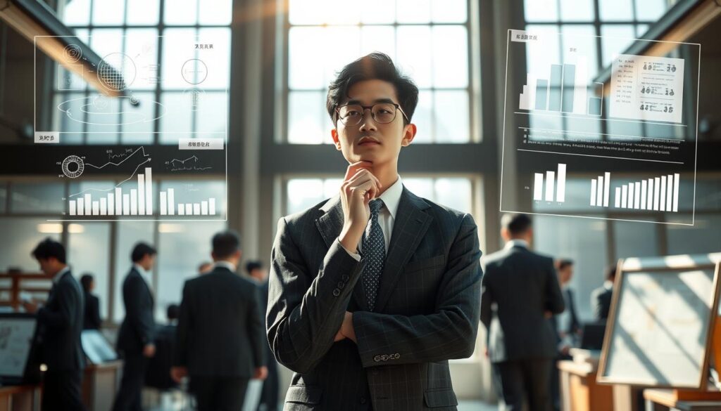A bustling office setting, illuminated by natural light pouring in from large windows. In the center, a young Japanese professional, dressed in a sharp suit, stands contemplatively, hand on chin, as they consider their career path. Behind them, abstract diagrams and charts hover, visualizing the intricacies of a bureaucrat's career plan. The scene exudes a sense of thoughtfulness and determination, capturing the essence of the "ビューロクラートのキャリアプラン" - the aspirations and challenges faced by those pursuing a career in public administration.