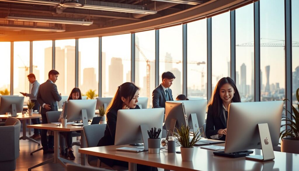 A bustling office setting of a prominent construction consulting firm, with a team of young, focused Japanese-looking professionals collaborating at modern workstations. The space is bathed in warm, natural lighting filtering through large windows, creating a professional yet inviting atmosphere. Sleek, minimalist furniture and decor elements convey a sense of sophistication and attention to detail. In the background, the silhouettes of towering skyscrapers and cranes suggest the scope and scale of the company's projects. The overall impression is one of a dynamic, thriving enterprise at the forefront of the construction industry.