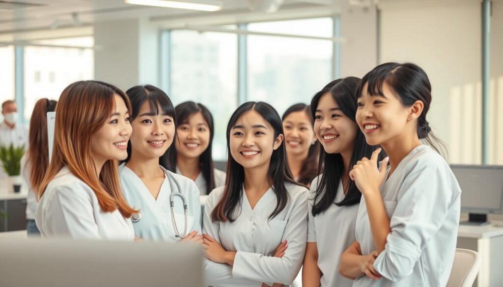 A bustling office setting, where a team of young, Japanese-looking dental hygienists discuss the possibilities of career transitions. Soft natural lighting filters through the windows, casting a warm glow on their faces as they contemplate their next steps. The scene captures a sense of camaraderie and professional ambition, hinting at the diverse paths available to those in the dental health industry. The overall atmosphere conveys a balance of pragmatism and optimism, reflecting the nuances of navigating career changes within this specialized field.