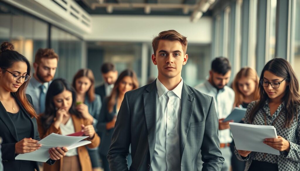 A bustling office setting, where a young, ambitious professional in a crisp suit stands at the center of the frame. They are surrounded by colleagues of diverse backgrounds, each engaged in their own tasks - from reviewing reports to discussing strategies. The lighting is warm and natural, accentuating the seriousness of their expressions and the focus in their eyes. In the background, a sleek, modern office space with floor-to-ceiling windows provides a sense of progress and growth. The overall atmosphere conveys a sense of career advancement, with the subject serving as a representation of the ペスト・コントロール・オペレーター's potential for growth and success within the industry.