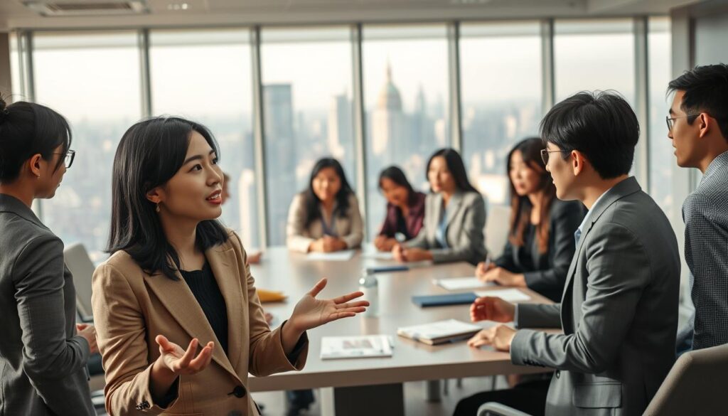 A bustling office setting, with a diverse team of young, Japanese-looking interpreters engaged in lively discussions. The foreground features a woman in a smart blazer, gesturing animatedly as she translates for her colleagues. The middle ground showcases a group collaborating around a large conference table, their faces alight with concentration. In the background, a panoramic city skyline is visible through the large windows, emphasizing the global reach and impact of their work. Soft, natural lighting bathes the scene, conveying a sense of professionalism and the social value these interpreters bring to international communication and understanding.