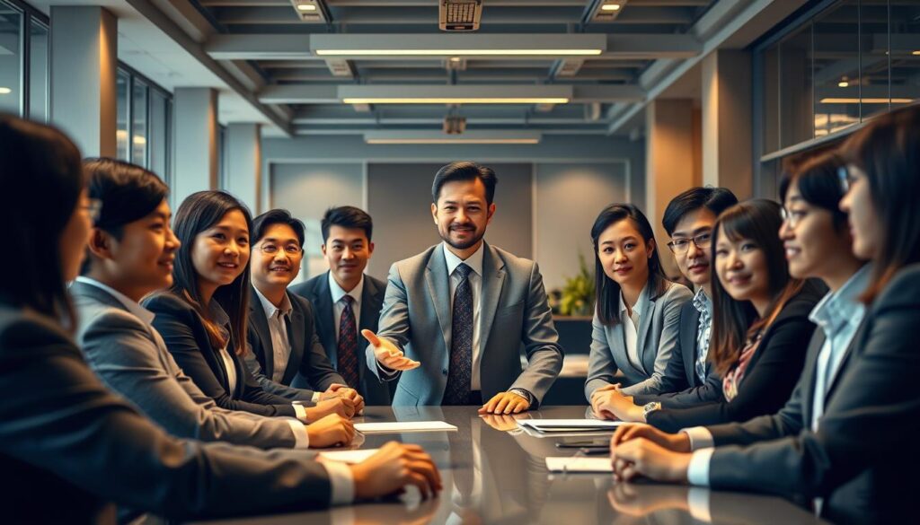 A bustling office setting, with a group of diverse business executives gathered around a conference table. In the center, a poised, well-dressed General Manager stands, gesturing confidently as they lead the discussion. The executives, all with youthful, Japanese-inspired features, lean in, their expressions intent and engaged. The lighting is warm and professional, casting a subtle glow over the scene. The camera angle is slightly elevated, providing a panoramic view of the interactions, capturing the nuances of body language and the collaborative atmosphere. This image conveys the roles and responsibilities of industry-specific General Managers, highlighting their leadership, decision-making, and strategic guidance within their respective fields.