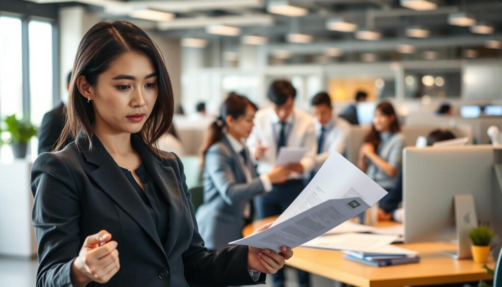 A bustling office setting, with a group of young Japanese professionals navigating the various stages of a buyer's career path. In the foreground, a woman in a crisp suit reviews reports, her brow furrowed in concentration. In the middle ground, a team collaborates around a conference table, gesturing animatedly as they discuss market trends. In the background, a row of cubicles reveals others immersed in their work, the soft glow of computer screens illuminating their focused expressions. The lighting is warm and natural, casting a professional atmosphere. The scene captures the dynamic and collaborative nature of a buyer's career development, showcasing the skills and dedication required to excel in this field.