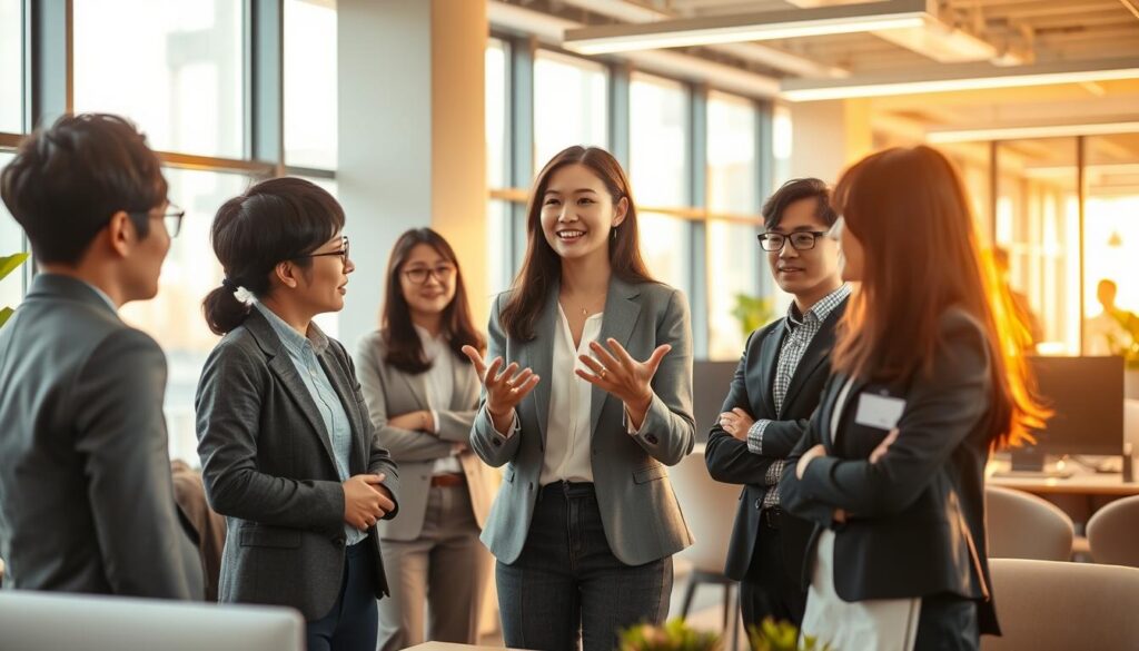 A bustling office setting, with a group of young, professionally dressed Japanese individuals engaged in a lively discussion. The scene is bathed in warm, natural lighting from large windows, casting a soft glow on the faces of the participants. In the center of the frame, a woman stands, gesturing animatedly as she presents to her colleagues, her expression focused and passionate. The background is filled with modern office furnishings, adding a sense of dynamism and productivity to the scene. The overall atmosphere conveys a sense of collaboration, determination, and the pursuit of a shared goal - to become effective fundraisers.