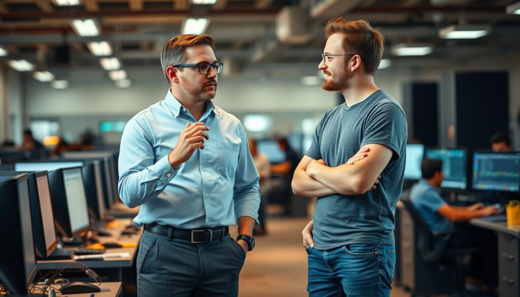 A bustling office setting, with a system engineer and a programmer standing side by side, engaged in a lively discussion. The engineer, dressed in a crisp button-down shirt and slacks, gestures animatedly, while the programmer, in a casual t-shirt and jeans, leans in, their faces illuminated by the warm glow of computer screens. The background is a blur of activity, with colleagues typing furiously and the hum of machinery creating an atmosphere of focused productivity. The lighting is soft and natural, casting subtle shadows that accentuate the contrasting styles and roles of the two professionals. The scene conveys the collaborative nature of their work, as well as the distinct responsibilities and skill sets they each bring to the table.