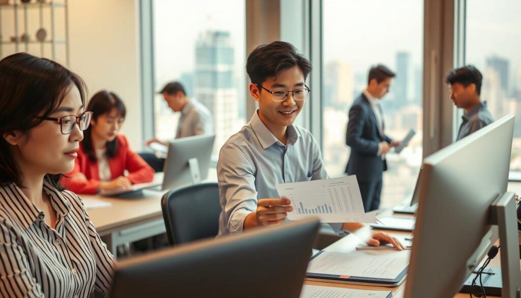 A bustling office setting, with a team of young, Japanese-looking financial planners diligently working at their desks. The lighting is warm and natural, casting a soft glow across the scene. In the foreground, a planner sits at her computer, carefully reviewing financial documents and charts. In the middle ground, colleagues collaborate, discussing investment strategies and client portfolios. The background reveals a modern, well-appointed office, with floor-to-ceiling windows offering a panoramic view of the city skyline. The overall atmosphere conveys a sense of professionalism, expertise, and dedication to serving the financial needs of their clients.