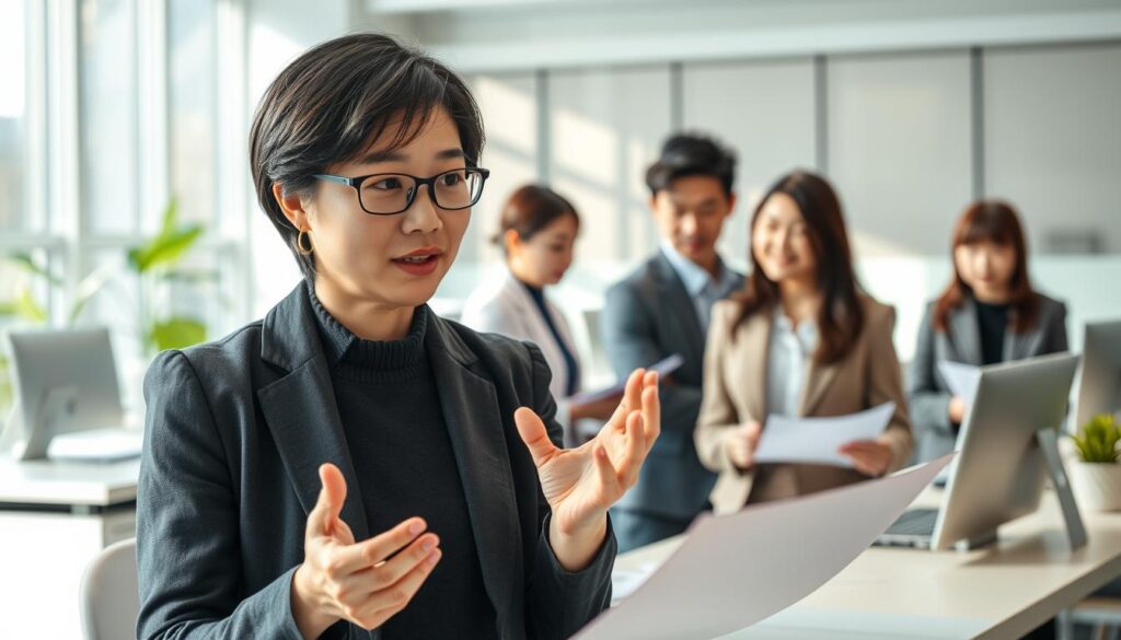 A bustling office setting, with a team of young Japanese-looking interpreters diligently at work. Soft, natural lighting fills the space, casting a warm, professional atmosphere. In the foreground, a focused interpreter translates seamlessly, their hands gesturing as they convey the message. In the middle ground, colleagues collaborate, reviewing documents and exchanging information. The background features a clean, minimalist workspace, with sleek desks and modern technology. The scene captures the essence of the interpreter's role, showcasing their expertise, teamwork, and the dynamic nature of their profession.