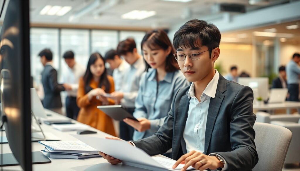 A bustling office setting, with a team of young, professional-looking Japanese individuals engaged in various activities. In the foreground, a case worker is seated at a desk, intently reviewing files and documents. The middle ground showcases colleagues collaborating on projects, while the background features a well-lit, modern workspace with sleek furniture and clean lines. Soft, warm lighting illuminates the scene, creating a sense of productivity and diligence. The overall atmosphere conveys the career progression and growth opportunities inherent in the case worker role, reflecting the "キャリアパスと昇進の可能性" theme.