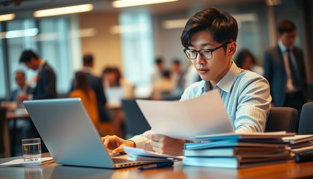 A bustling office setting, with a young Japanese commissioner diligently reviewing documents, surrounded by the tools of their trade - a sleek laptop, neatly organized papers, and a professional-looking desk. The lighting is soft and warm, creating a focused, hardworking atmosphere. The commissioner, with a determined expression, is deep in thought, embodying the dedication and responsibility inherent in their role. The background is blurred, emphasizing the subject and their important duties. This image captures the essence of a commissioner's daily routine - the quiet, concentrated moments that shape their vital contribution to the organization.