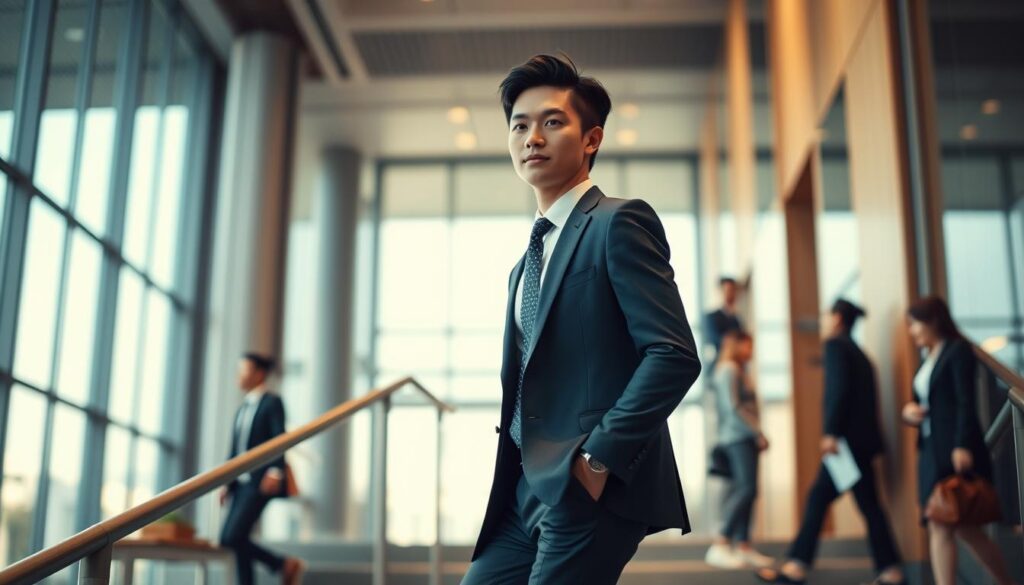 A bustling office setting, with a young Japanese-looking professional dressed in a sharp suit, confidently striding towards a promotion. Soft, natural lighting illuminates their determined expression as they ascend the career ladder, symbolizing the growth and progression of a marshaller's career path. The background is a blend of sleek, modern architecture and subtle, warm tones, creating a sense of advancement and success. The composition emphasizes the subject's forward momentum, capturing the essence of a marshaller's evolving role and the potential for further advancement.