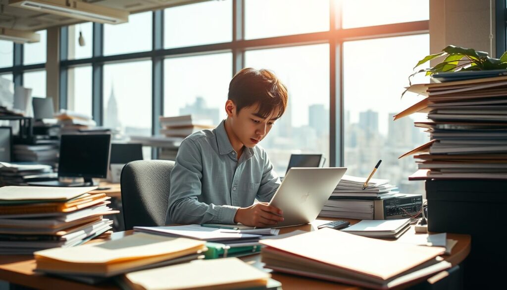 A bustling office setting with a young Japanese-looking writer hard at work. The writer is intently focused on their laptop, surrounded by stacks of research materials and a cluttered desk. Bright, natural lighting illuminates the scene, casting a warm, professional atmosphere. In the background, a large window overlooks a cityscape, hinting at the writer's role in documenting and reporting on the world beyond the confines of the office. The overall impression conveys the diligence, dedication, and immersive nature of the writer's work, capturing the essence of the "ルポライター" profession and its associated responsibilities and challenges.