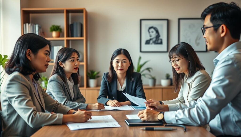 A bustling office setting with three career consultants engaged in in-depth discussions with their clients. The consultants, young professionals with a polished Japanese aesthetic, sit across the table, their expressions focused and attentive as they review career plans and provide guidance. Soft, warm lighting illuminates the scene, creating a professional yet approachable atmosphere. The background features a bookshelf, potted plants, and subtle wall art, conveying a sense of expertise and care. The overall composition emphasizes the consultants' personalized attention and the clients' trust in their advice, capturing the essence of the career consulting profession.