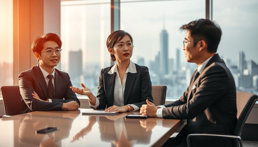 A bustling office setting, with three young Japanese-looking professionals in smart business attire seated around a conference table. The lighting is soft and warm, casting a contemplative mood. The middle figure, a woman, is gesturing animatedly as the other two listen intently, their expressions thoughtful. In the background, a panoramic city skyline is visible through large windows, suggesting the high-powered, executive nature of their roles. The scene conveys the career progression and collaborative decision-making inherent in the role of an Executive Producer.