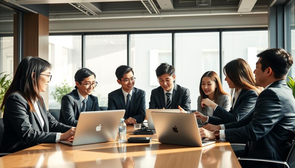 A bustling office setting with young, Japanese-looking professionals in formal attire gathered around a conference table, engaged in a lively discussion. Soft, natural lighting filters through large windows, casting a warm, professional atmosphere. The group appears to be weighing options, analyzing data on their laptops, and exchanging ideas, reflecting the process of carefully selecting an engineering consulting firm for water infrastructure projects. Attention to detail in the office decor and technology used suggests a modern, forward-thinking company culture focused on delivering high-quality services.
